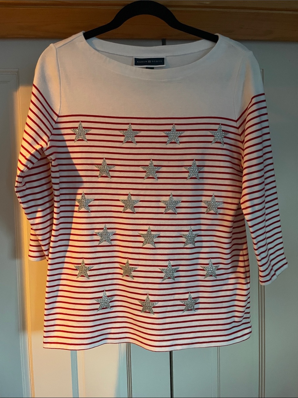 Karen Scott White & Red Striped Long-Sleeve Top with Silver Star Accents